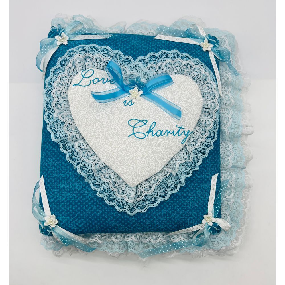Vintage 80s Wedding Album Turquoise White Blue Lace Stitched Love‎ Is Charity